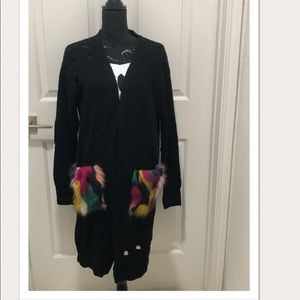 Faux Fur Long Black Cardigan